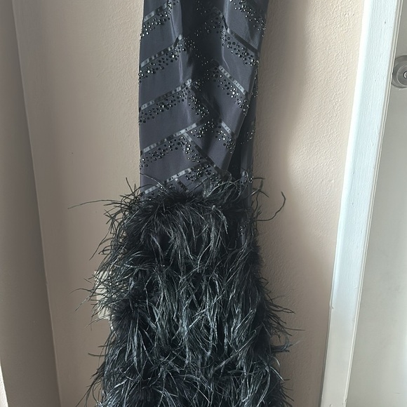BEBE Beaded Feather Black Long Evening Dress - Picture 6 of 10